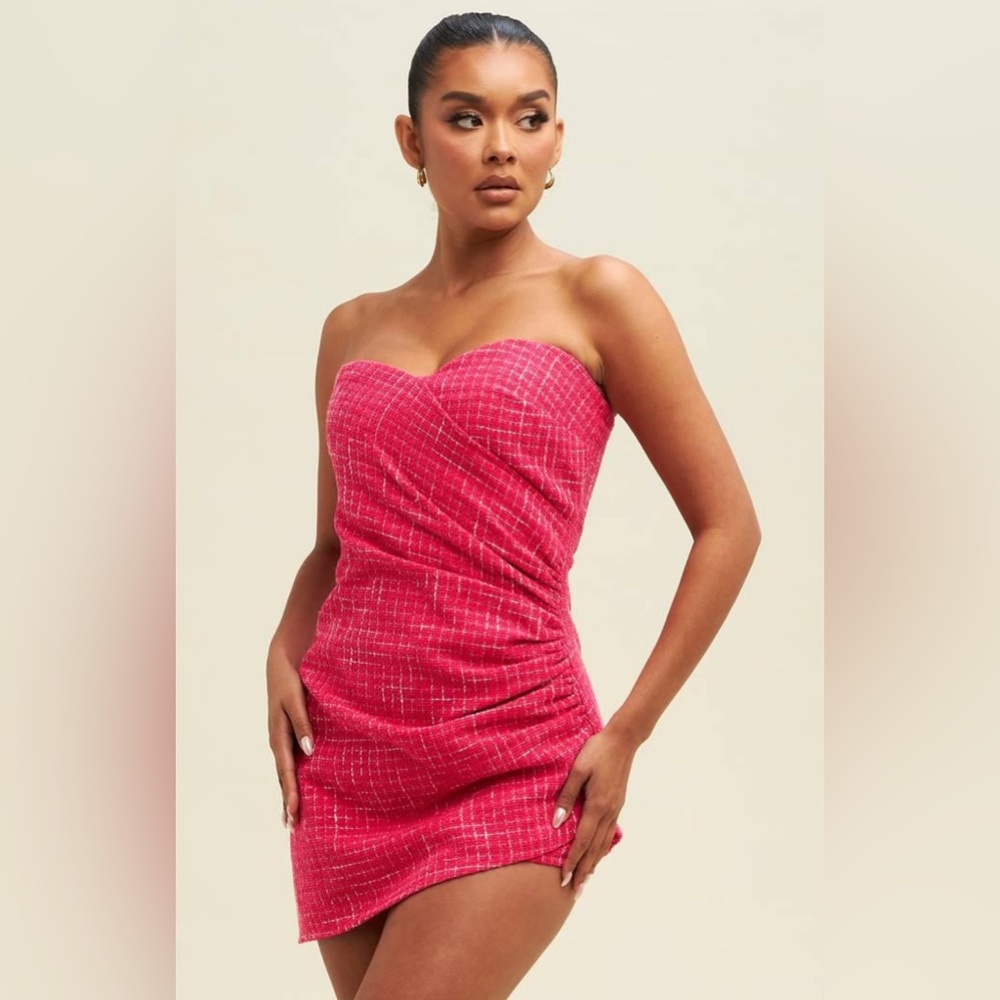 Luxxel Fuchsia Tweed Strapless Romper - Dress